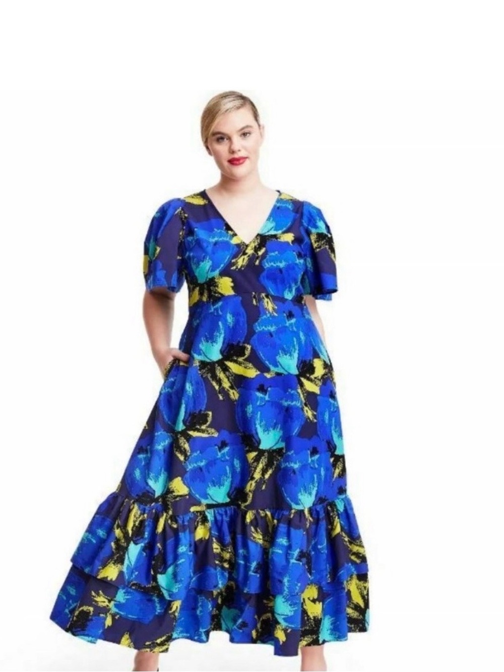 Christopher John Rogers Blue & Yellow Floral V-Neck Tiered Maxi Dress NWT